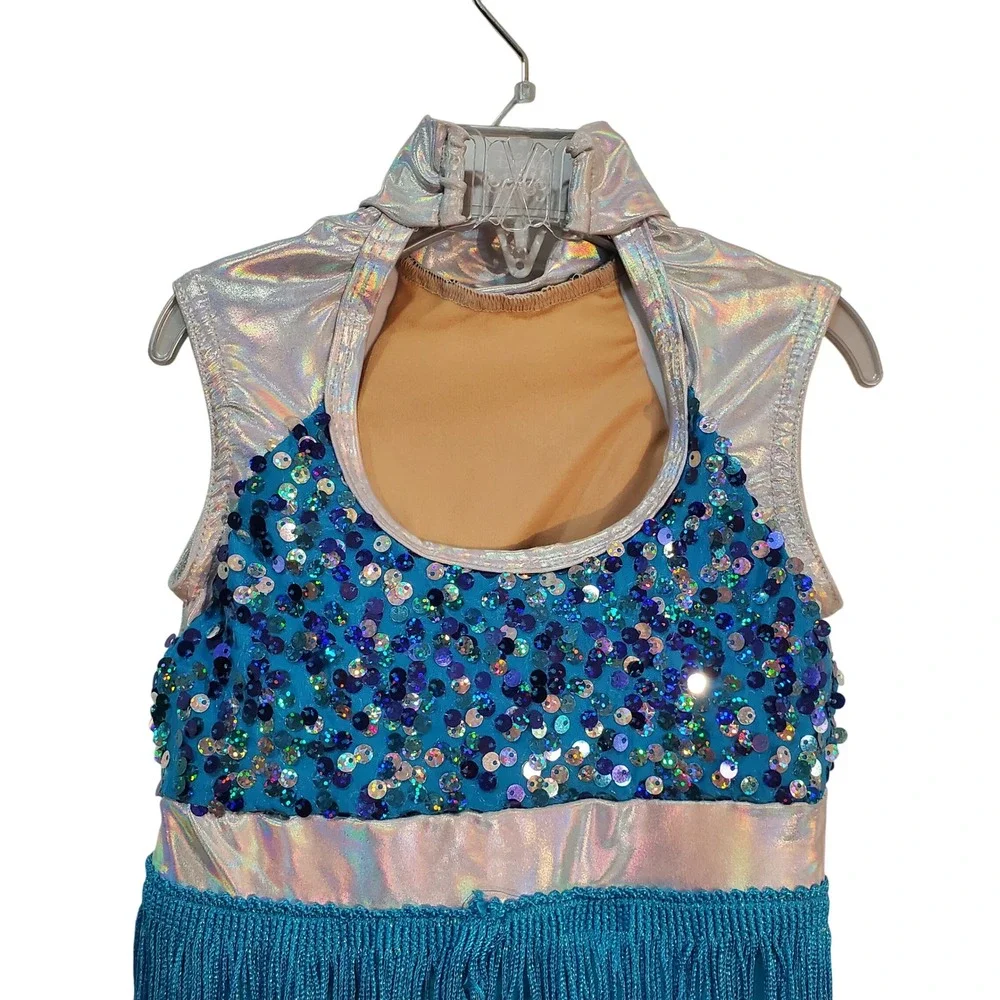 A Wish Come True‎ Sequin Fringe Dance Costume Iridescent Silver Blue Kids Sz XSC